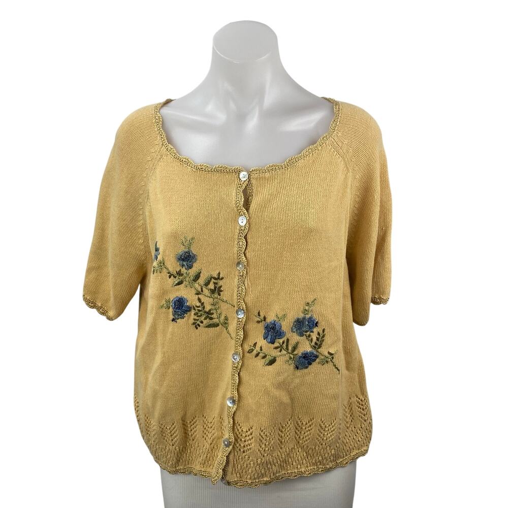 R&K Womens Yellow Floral Embroidered Short Sleeve Button Down Sweater Top Size M